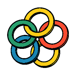 interlocking-rings stylized as comic